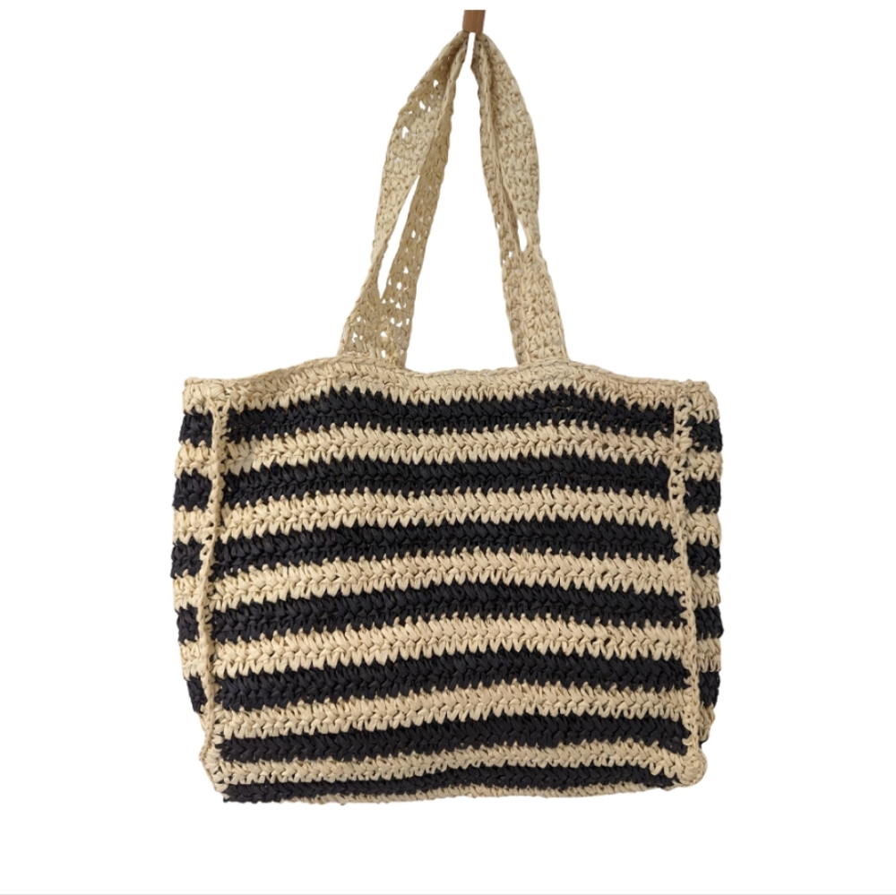 Loft Paper straw tote, cream and black stripe